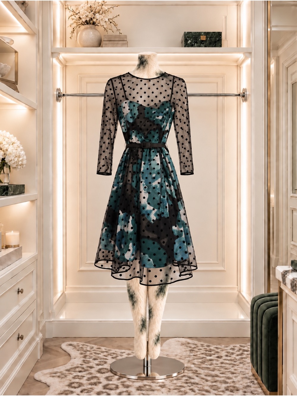 Eliza J Teal & Black Abstract Polka-Dot Mesh Overlay Dress, Size 8